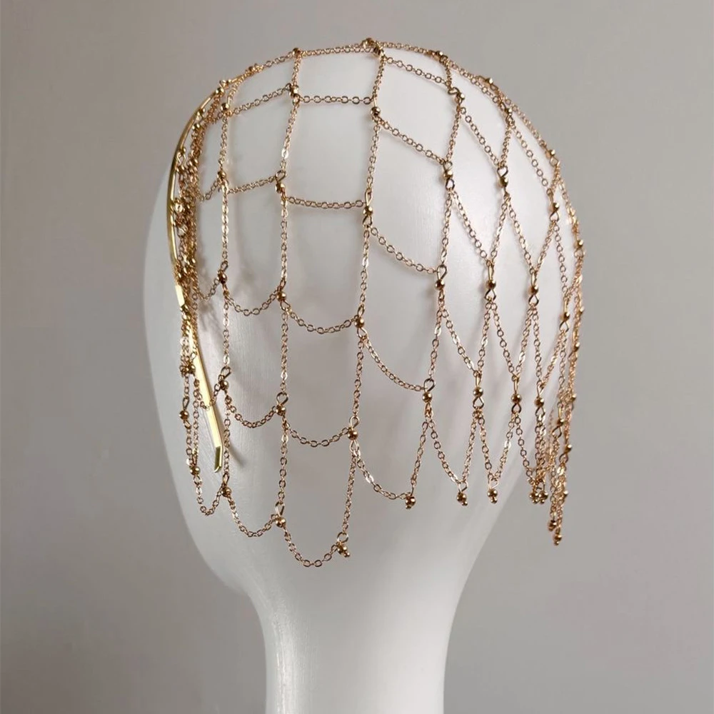 اليدوية الجوف شبكة خوذة قبعة الرقص الشرقي إكسسوارات الشعر تصميم الأزياء شرابة معدنية رئيس سلسلة قبعة مجوهرات الزفاف هدية #5