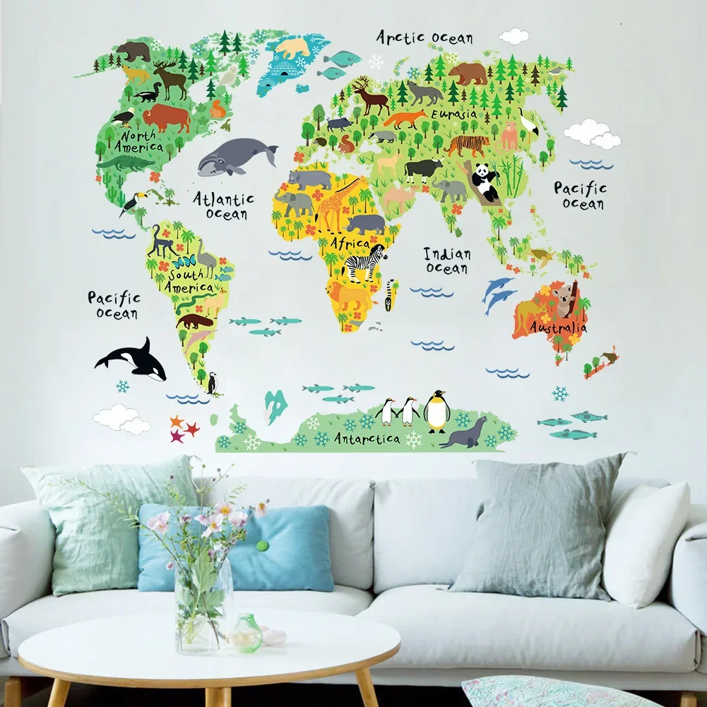 Animals World Map DIY Wall Stickers for Boys Children Bedroom Kids room Removable Wall Decor Sticker for Kindergarten Classroom