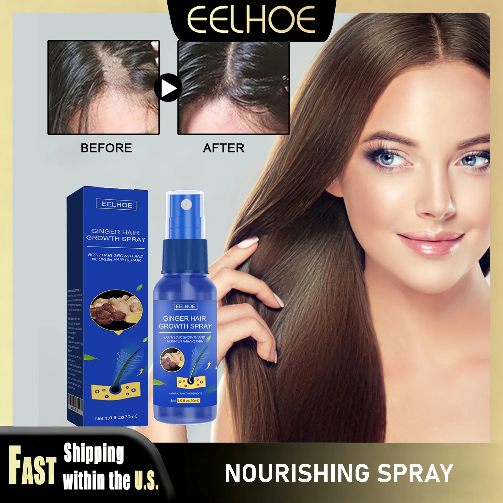 

Спрей-сыворотка для ухода за волосами EELHOE с имбирем против выпадения волос, укрепляющий, питающий и увлажняющий кондиционер-эссенция для мужчин и женщин