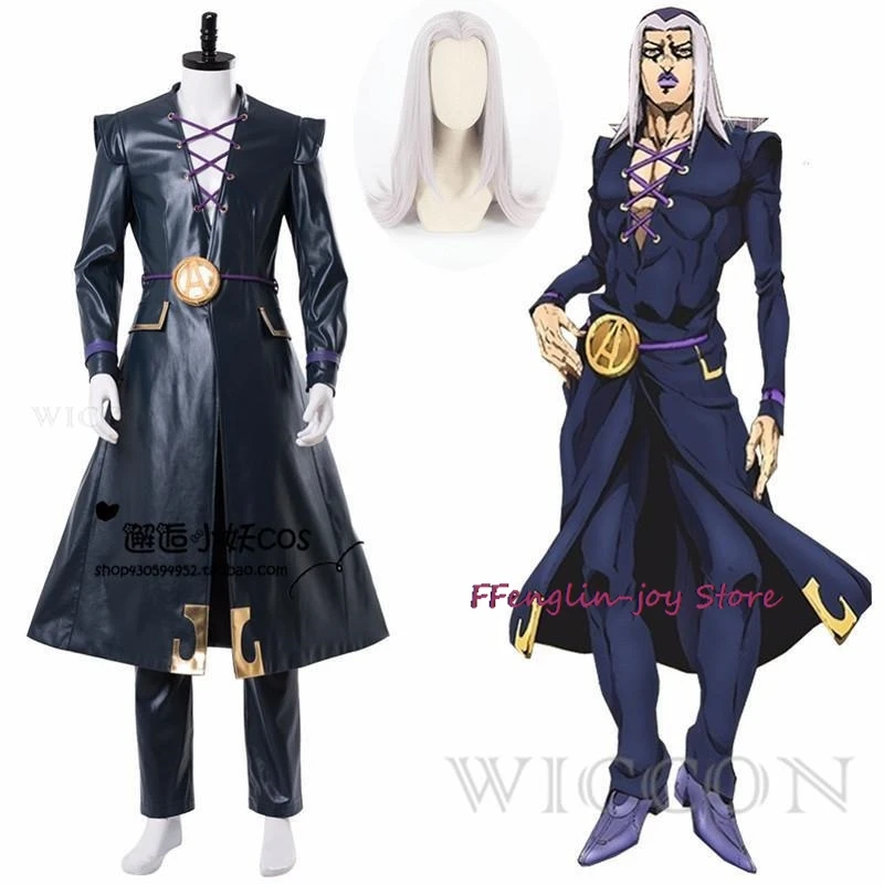 Anime Bizarre Adventure Golden Wind Leone Abbacchio Cosplay Costume Wig PU Long Coat Cloak Man Halloween Suit