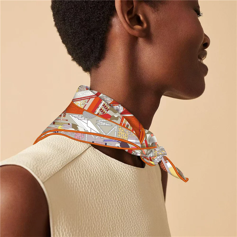 POBING Handgerollter Twill-Seidenschal für Damen, Werkzeugkasten, doppelseitig bedruckt, quadratische Schals, Wraps, Echarpes, Foulards, Femme, Hijab, 53 cm – Detail 6