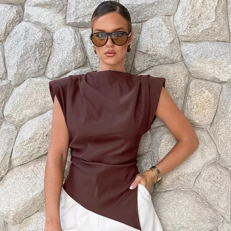 

2025 New Summer Collection: Brown Round Neck Slim Fit and Waist-Reducing Tank Top for Women in European and American Style