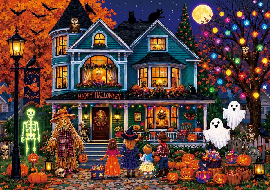 500/1000/1200/2000PCS Jigsaw Puzzle Halloween Night Haunted House Trick Or Treat Pumpkin Ghost Decor DIY Home Game Gift