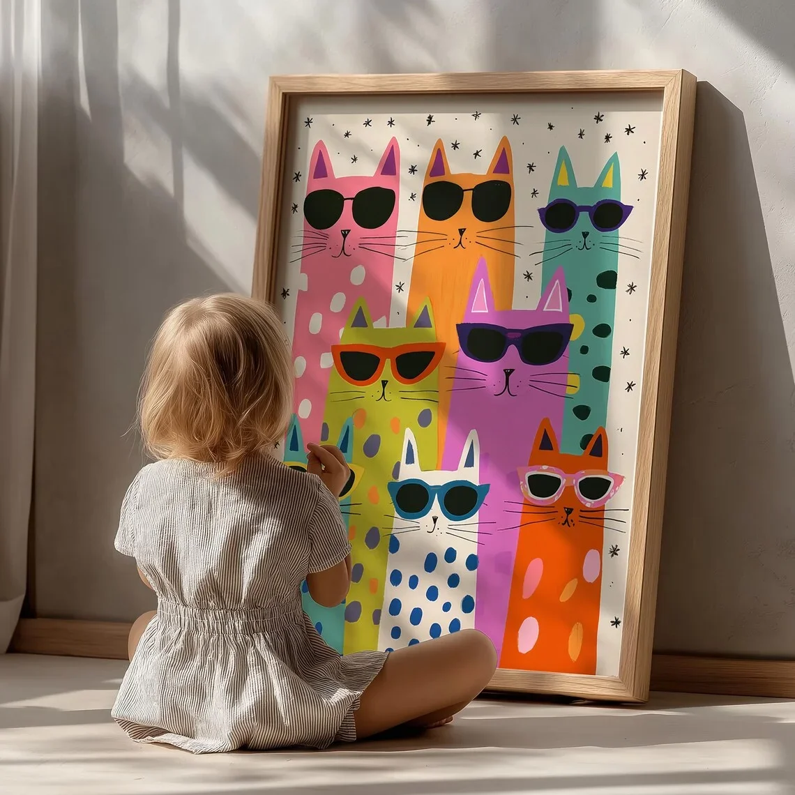 Pastel Colored Sunglasses Cat Wall Art Print Whimsical Starry Background Feline Illustration Soft Cheerful Home Decor To Bri