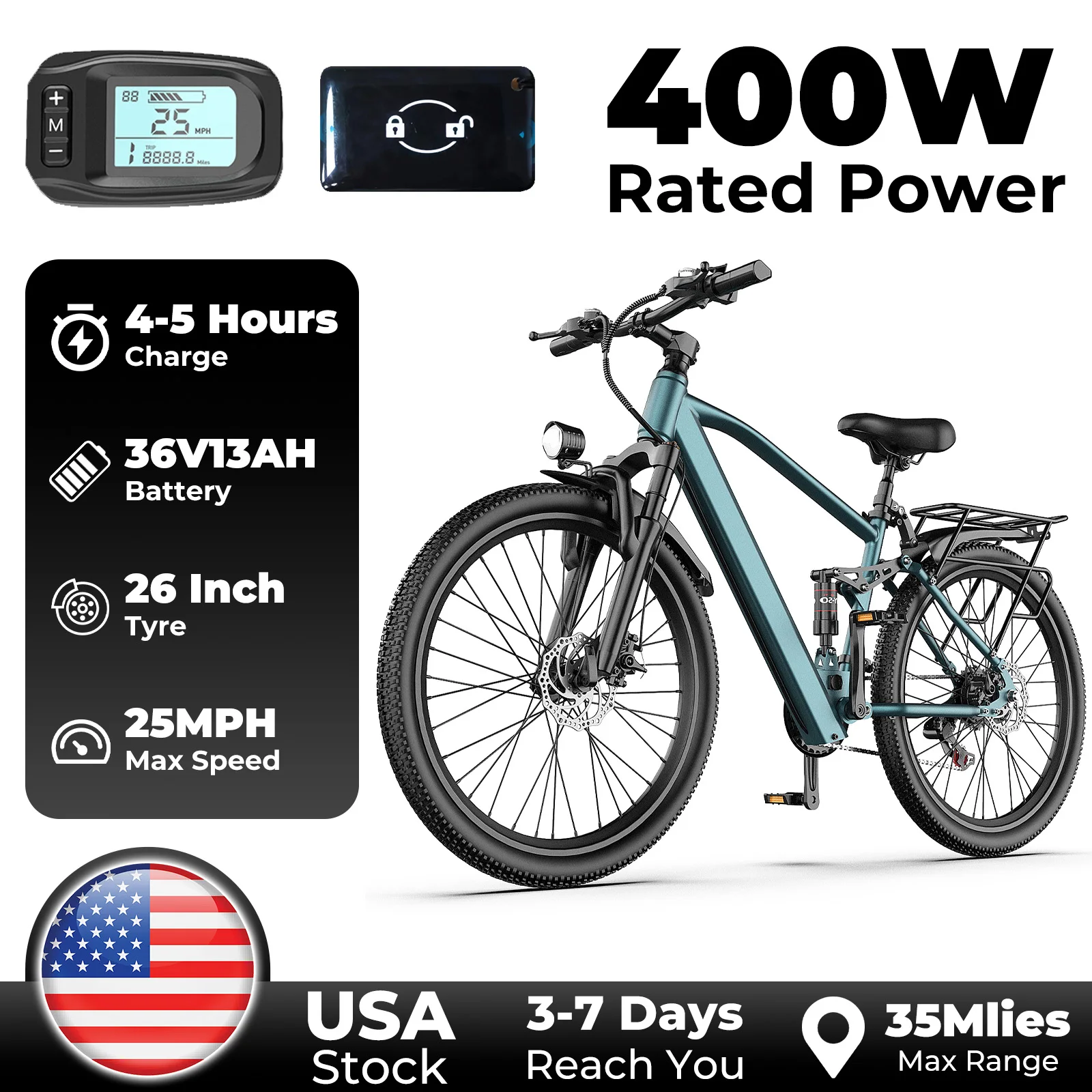 

26" Adults Electric Bike - Comfortable Shock Absorption, 36V 400W Motor, 25MPH, 7-Speed ​Shift Commuting Electric Mountain Bike