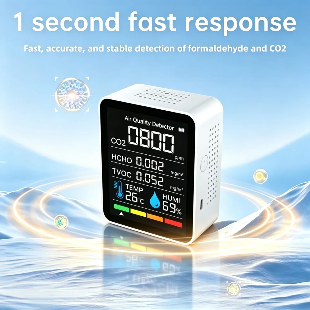 5-in-1 Air Quality Monitor CO2 Meter Digital Carbon Dioxide TVOC、 HCHO Detector Temperature Humidity Tester