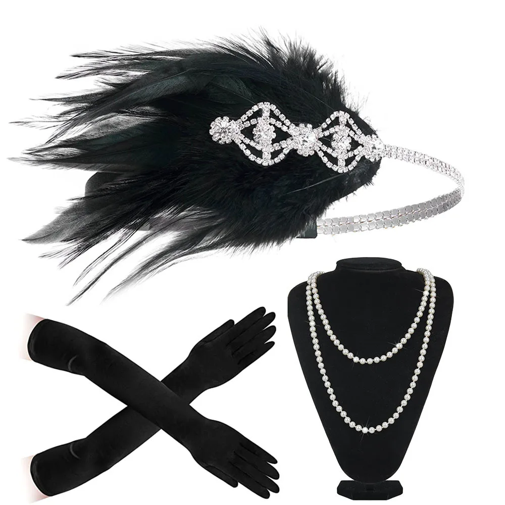 20s Great Gatsby Party Costume Flapper Headband Pearl Necklace Glove 1920s Great Gatsby Headpiece Accessories Set For Women