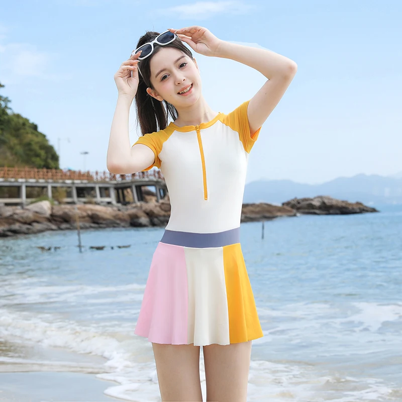 Купальник для девочек, купальные костюмы, цельный детский купальник для студентов и подростков с короткими рукавами, юбка-танкини для детей от 10 до 14 лет