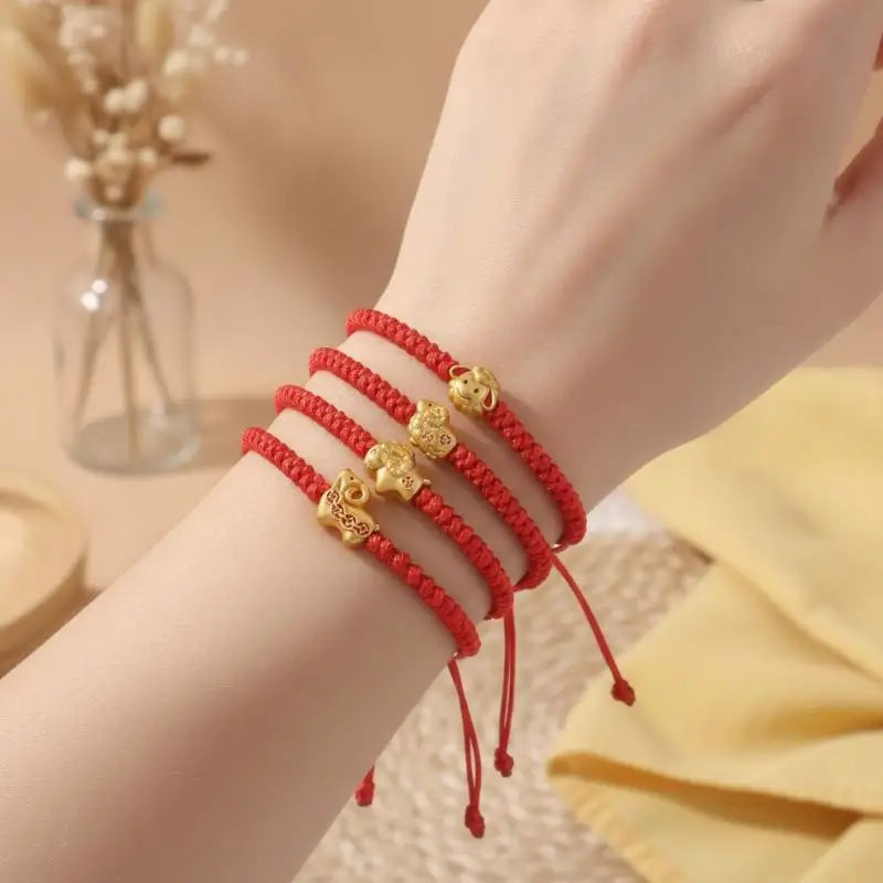 Handmade Red Lucky Braided Bracelet Vintage Gold Goat Charm Adjustable Size for Family Memorial Gift