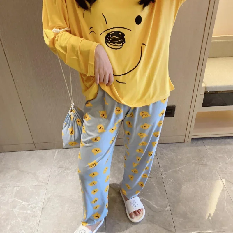 Disney outono novo winnie the pooh pijamas femininos algodão calças de manga comprida conjunto de duas peças pijamas de seda conjunto de loungewear