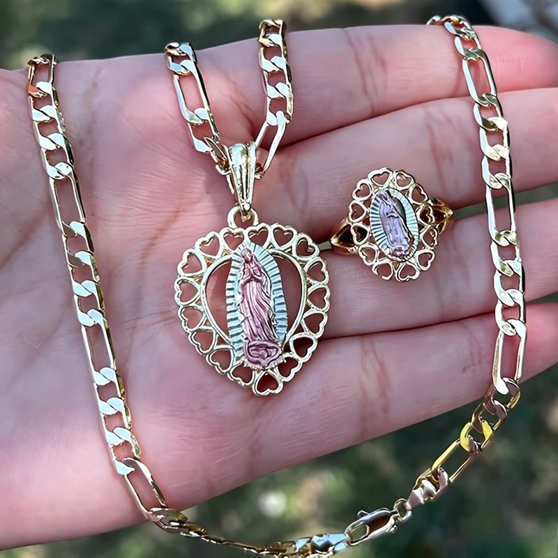 2pc Our Lady of Guadalupe Pendant Necklace Gold Color Heart Religious Virgin Mary Jewelry for Women Accessories for Daily Party