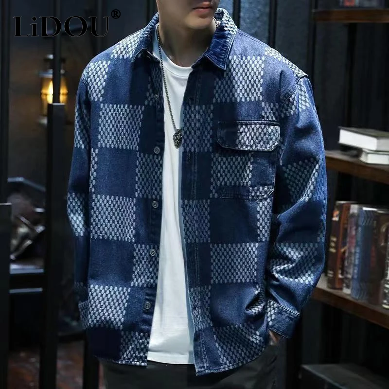 2023 Spring Autumn New Vintage Printing Turn-down Collar Long Sleeve Shirt Man Cotton Loose All-match Single Breasted Cardigan