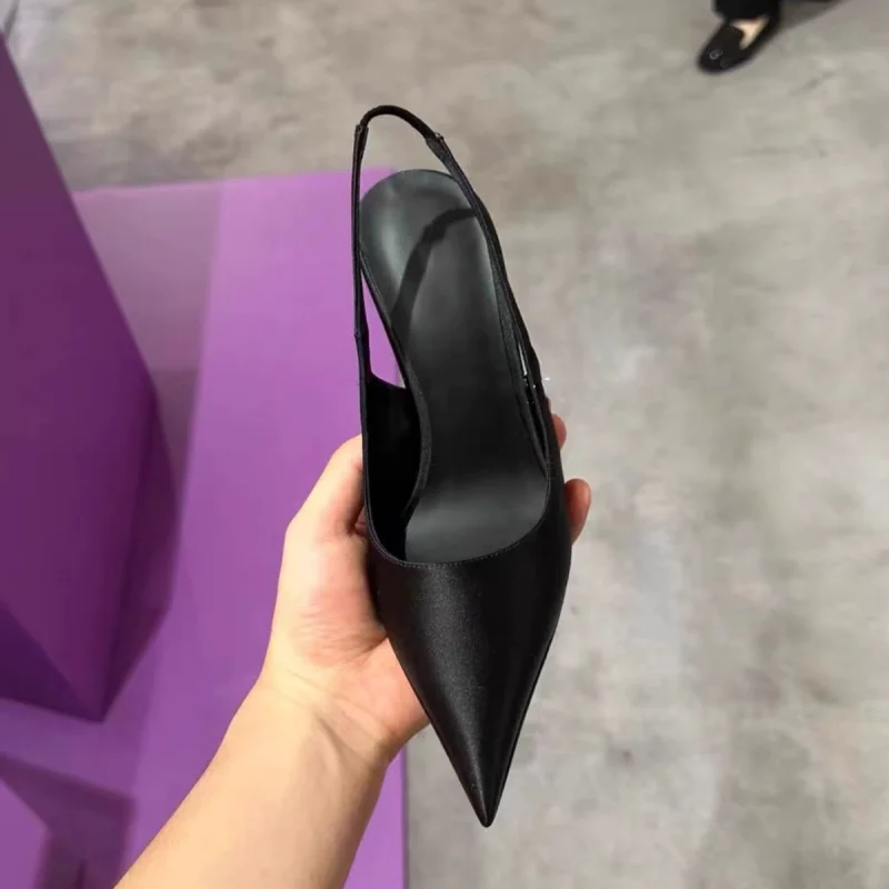 موضة كريستال الضحلة صنادل عالية الكعب الساتان خنجر Slingback أحذية النساء لامعة حجر الراين الصنادل أنيقة مأدبة عالية الكعب #3
