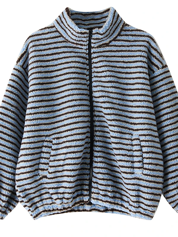 Felpa da donna in pelliccia di agnello con doppia cerniera a righe Color Blo Capispalla invernale Cappotto ort Coreano Sle Loose Fit Lungo Sve