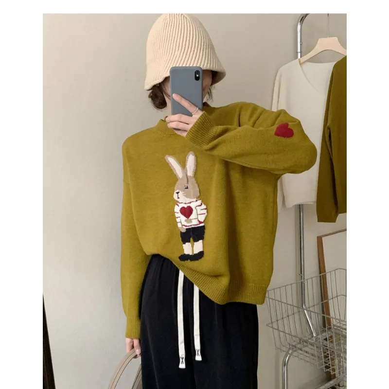 

New Autumn and Winter Age-reducing Pullover Jacquard Sweater for Women Lazy Style Cartoon Rabbit Knitted Long Sleeves
