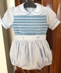 0-6Y Baby Boy Summer Grey Stripe Handmade Embroidery Smocked Outfit Suit for Birthday Party Photography A88