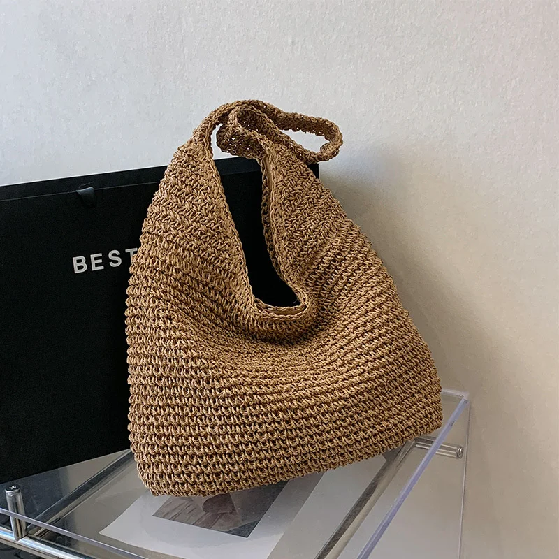 Modische Stroh-Schultertaschen für Damen, Papiergewebte Handtaschen mit Großer Kapazität, Sommer-Strandtaschen, Lässige Tragetaschen