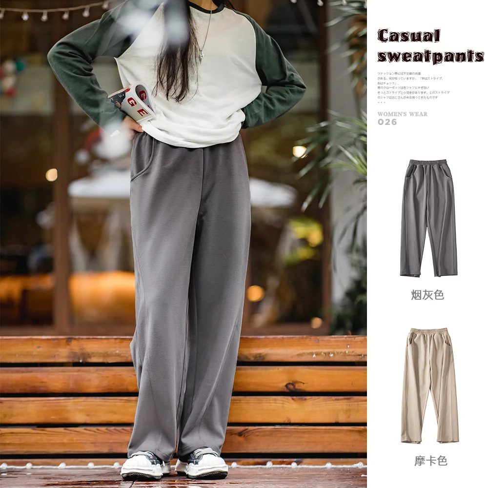 MADEN Women Gray Wide Leg Sweatpants 2024 New Autumn Loose-fit Causal Pants Solid Color Elastic Waist Versatile Trousers