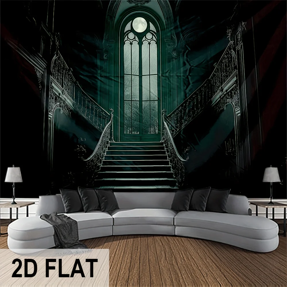 VIKAMA Halloween Gothic Wall Tapestry Dark Green Castle Full Moon Vintage Carving Flower Window Wallpaper Party Decoration