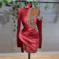 Burgundy Cocktail Dresses Sheath Long Sleeves Short Mini Velvet Crystals Homecoming Dresses Haute Couture