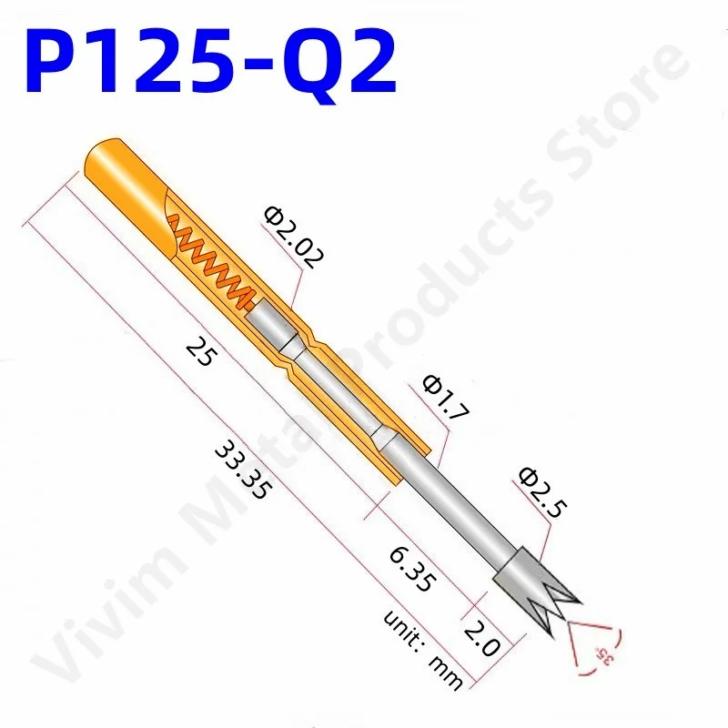 100PCS P125-Q2 Spring Test Probe Test Pin Pogo Pin PCB Test Tool Length 33.35mm Pin Dia 2.02mm Big 4 Claws Head Dia 2.5mm P125-Q