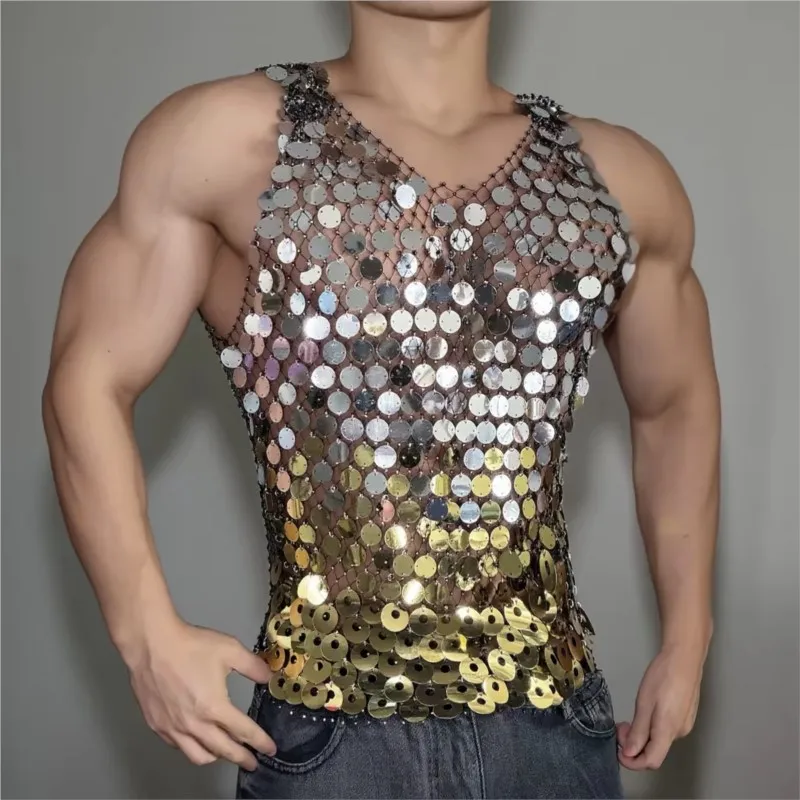 Sparkling Men Sexy Vest Streetwear Cutout Sheer Gold Silvery Glitter Tank Top Club & Party Fishnet Sequin Embellishment