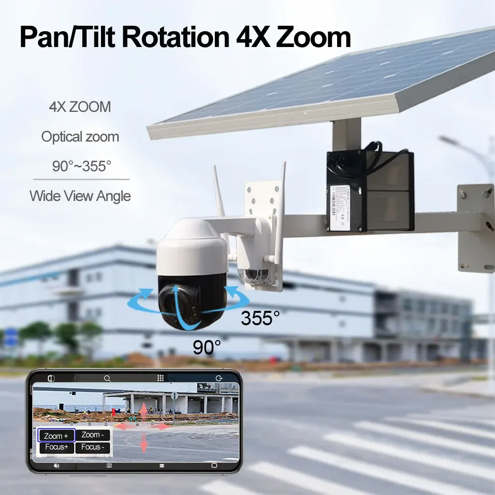 MINI cámara PTZ 1080P 4G 60W Panel Solar alimentado 20Ah Kit de batería de litio Audio bidireccional cámara IP CCTV inalámbrica Color 4X Zoom IR 50m