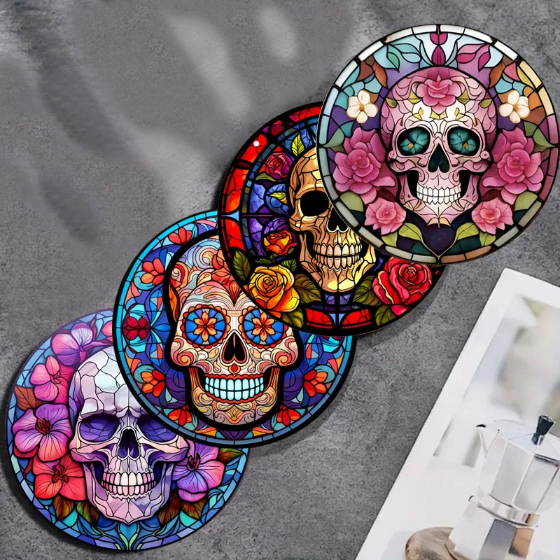 4 Pieces of Skull Printed Coasters, Suitable for Daily Family Party Decoration, Office, Non-Slip Wooden Coasters, Holiday Gifts