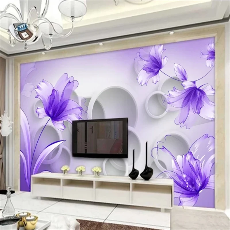 Customized wallpaper 3D modern purple lily flower living room TV background wall decoration painting mural papel de parede