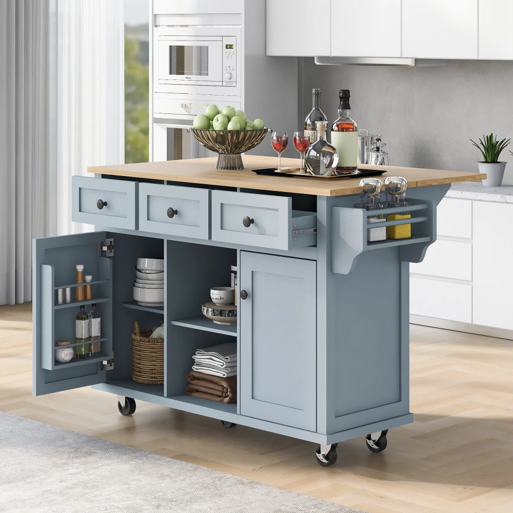 Modern Kitchen Island On Wheels Cart With MDF Drop-Leaf Countertop Portable Storage Cabinet Worktop For Dining