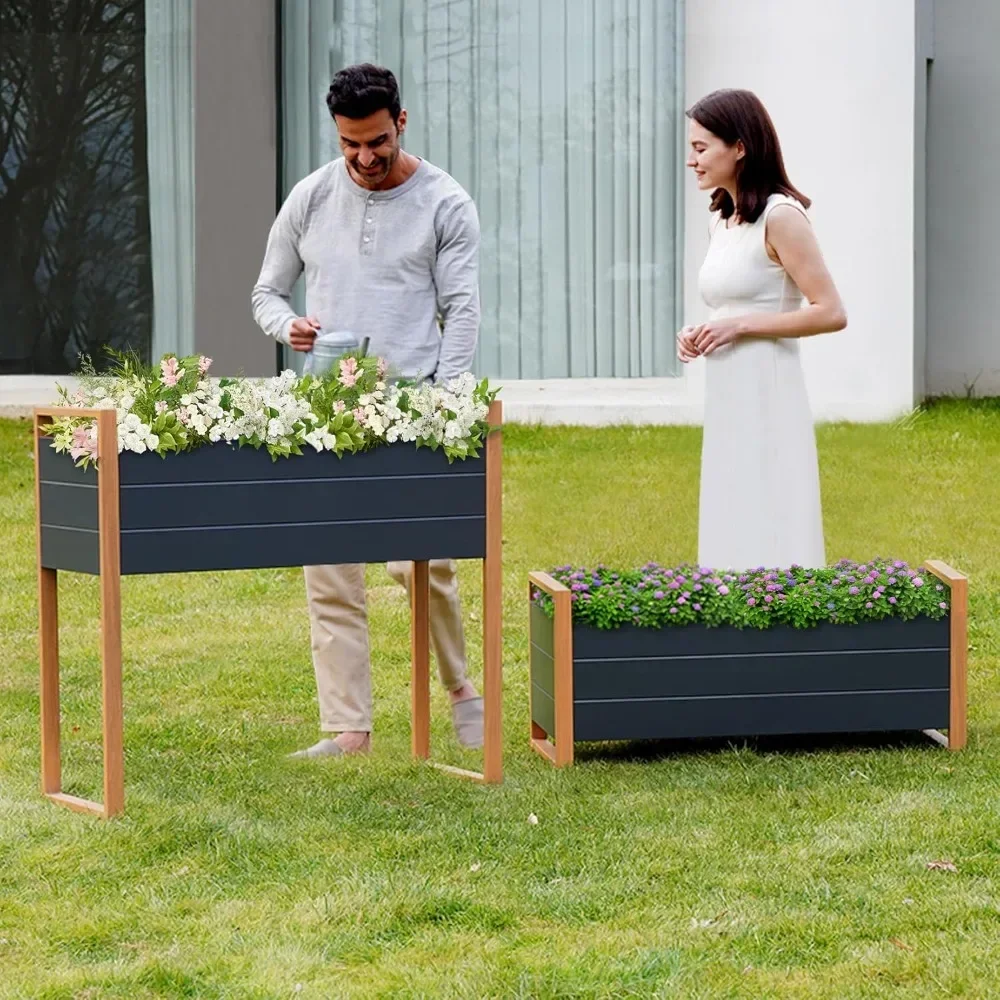 

Metal Elevated Raised Garden Bed with Woodgrain Finish – Outdoor Vegetable Planter Box on Legs