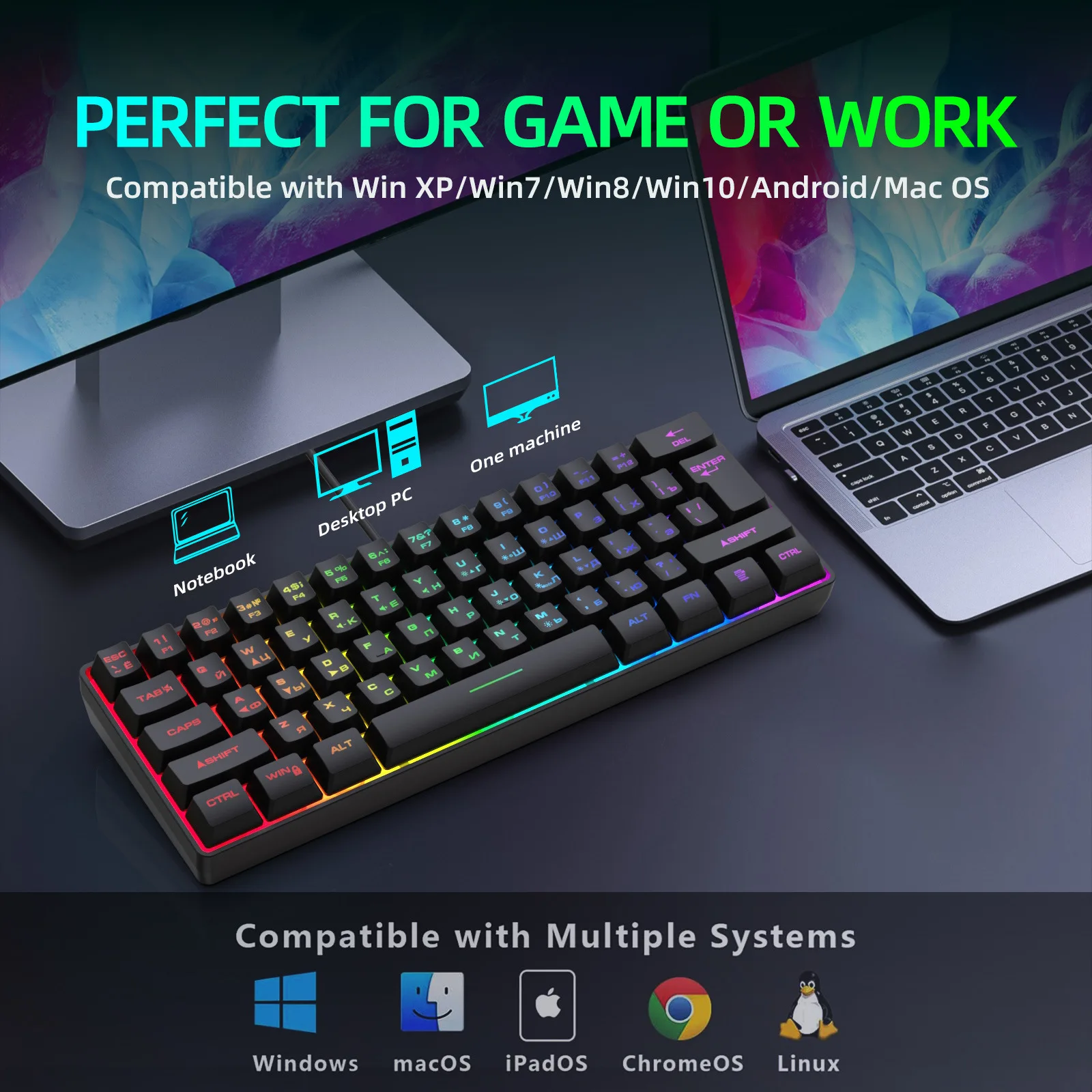 61-Key Russian Layout Mechanical Feel Keyboard Wired Gaming PC Keyboard with Cyrillic Letters