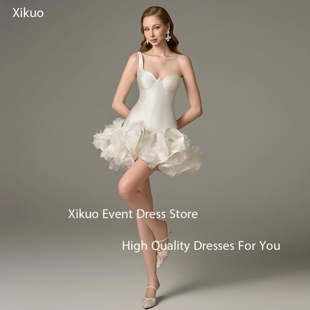 

Xikuo Fashion Ivory Satin Prom Gowns One Shoulder Bespoke Occasion Evening Gowns Above Knee Cocktail Evening Dresses Customized