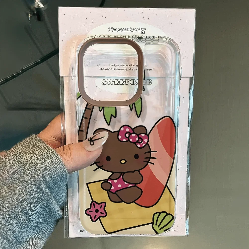 Sexy Beach Sanrio Hello Kitty Phone Case For iPhone 15 14 12 13 11 Pro Max XR XS MAX 7 8 PLUS Y2K Happy Kawaii Brown Cute Cover