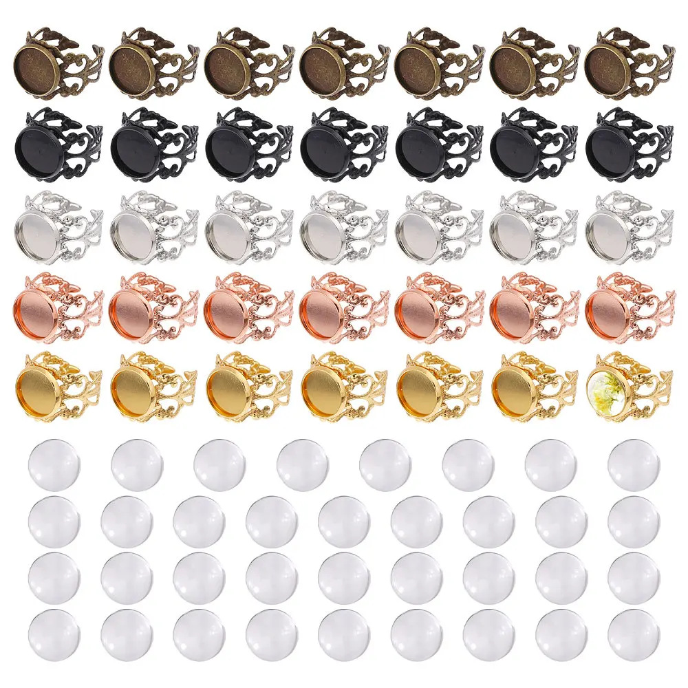 35Pcs Metal Ring Base Blank DIY Finger Rings Kits Cabochon Blank Base Pad Flat Ring Bezel Tray with 35 Pcs Glass Cabochons