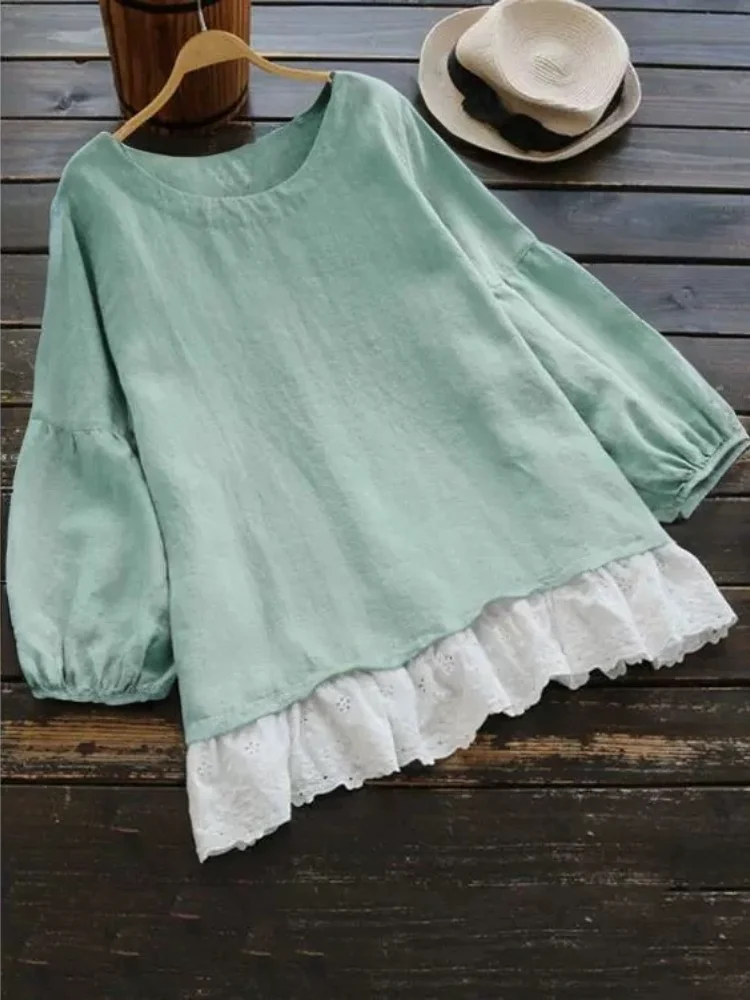 

Женская простая футболка с длинными рукавами для куклы, большие размеры, кружевной подол с воланами, круглый дизайн с принтом, универсальные повседневные удобные женские топы