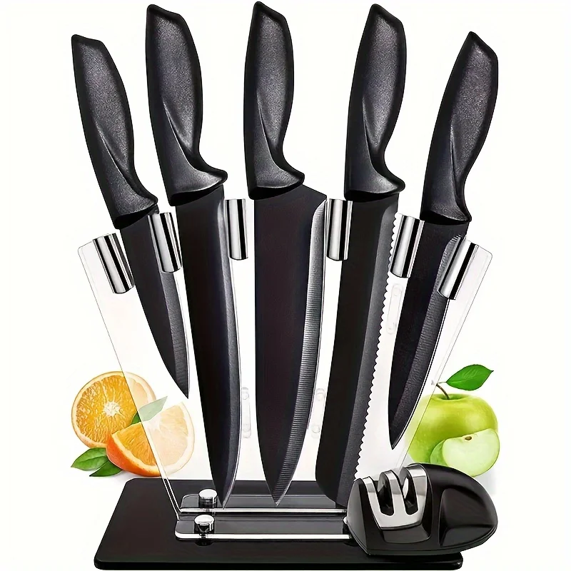 

New kitchen knife, black 7-piece stainless steel home chef knife with bracket Sharp meat cutting fruit slicing tool accessories