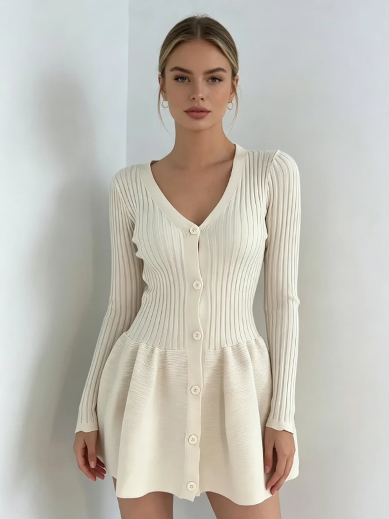 French Vintage Floral Midi Dress - Women's White Knit A-Line Dress French