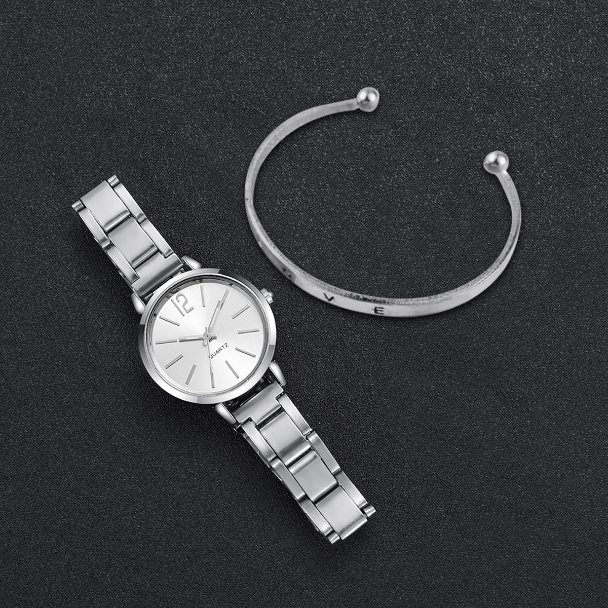 Classic Minimal Sunray Dial Women Quartz Watch Jewelry Pack, Shiny Gold Stainless Steel Watch with Engraved LOVE Cuff Bracelet