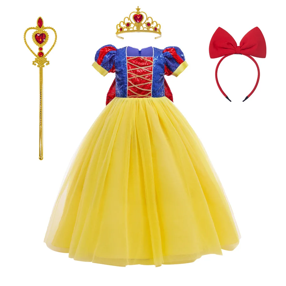 

Girls Snow White Costume Puff Sleeves Sequin Bowknot Applique Princess Mesh Dress+Crown For Carnival Halloween Birthday Party