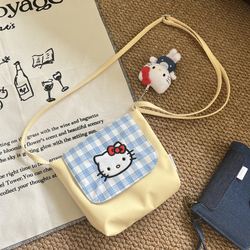 

Kawaii Sanrio Hello Kitty Small anime Bag, Milk Yellow & Blue Plaid Patchwork, Cute Kitty Pouch for Phone & Camera Girls Gift