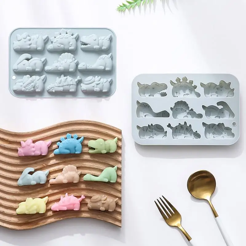 Molde de gelatina de dinosaurio, 9 cavidades, moldes de dinosaurios de silicona bonitos DIY, moldes de gelatina de Chocolate, decoración de pastel de dinosaurio