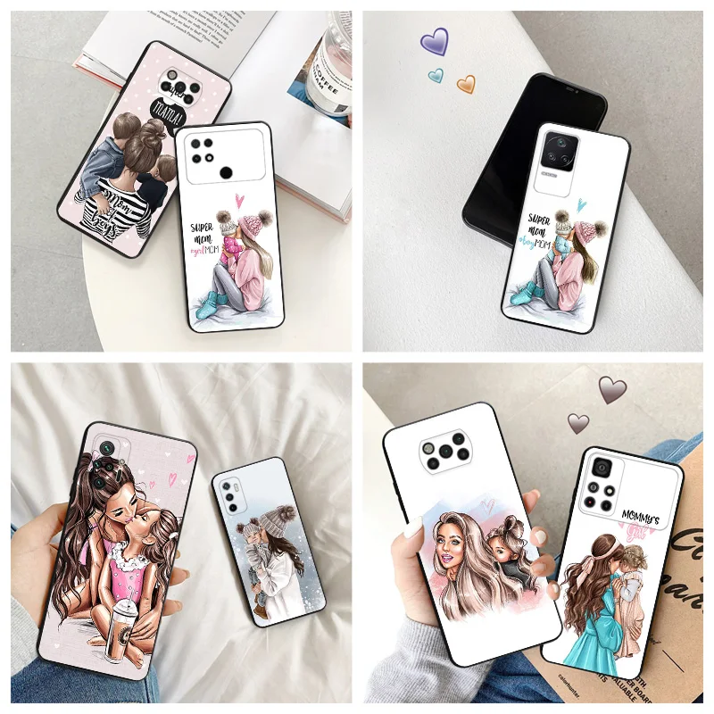 Silicone Black Phone Case for Xiaomi Poco C61 F5 F4 F3 X4 X3 X5 M3 M4 Pro M5 S C51 C50 C40 Brown Hair Baby Mom Girl Queen Cover