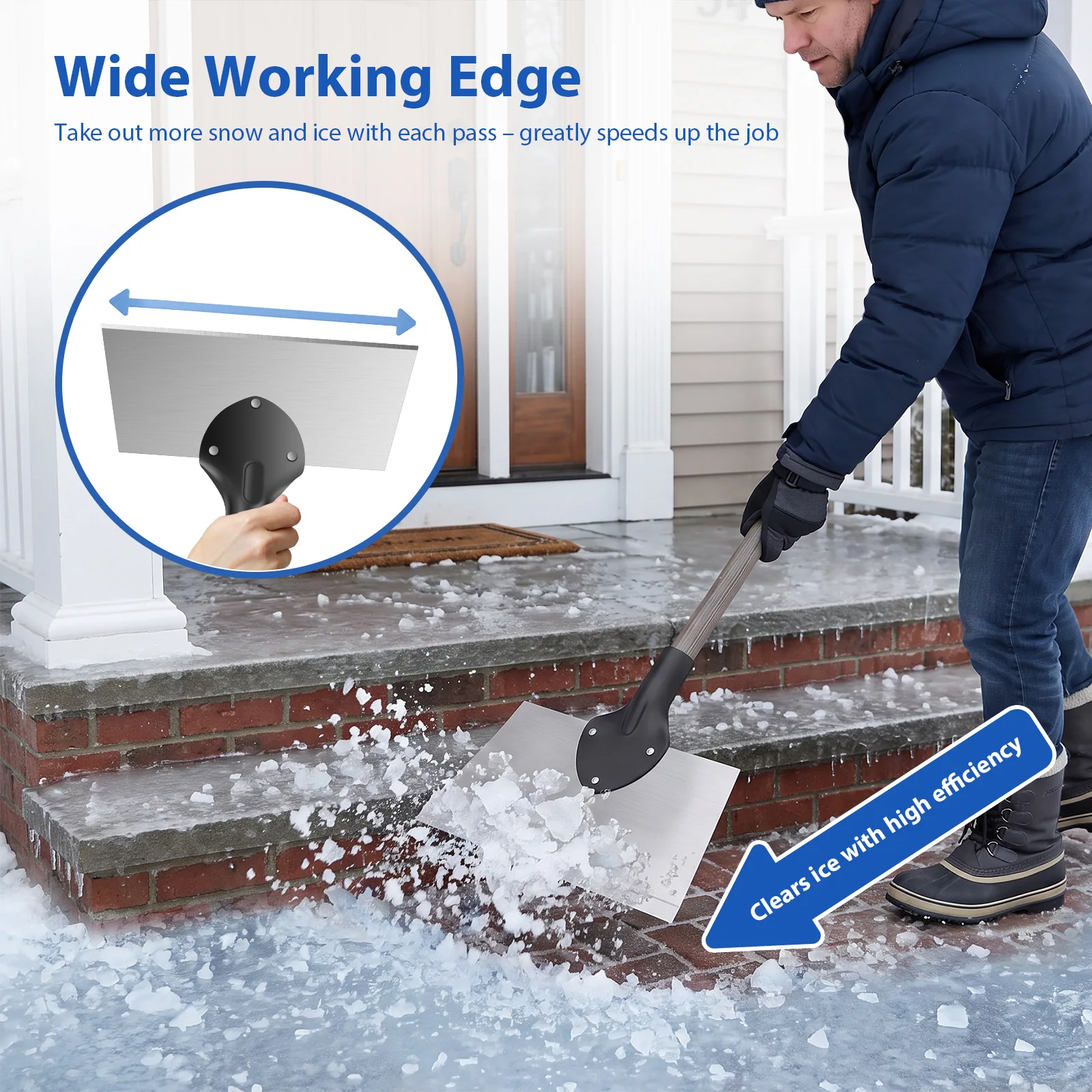 Flat Snow Shovel Carbon Steel Ice Scraper Wide Blade Snow Removal Tool For Driveway Sidewalk Patio Weeding Moss Debris Cleanup