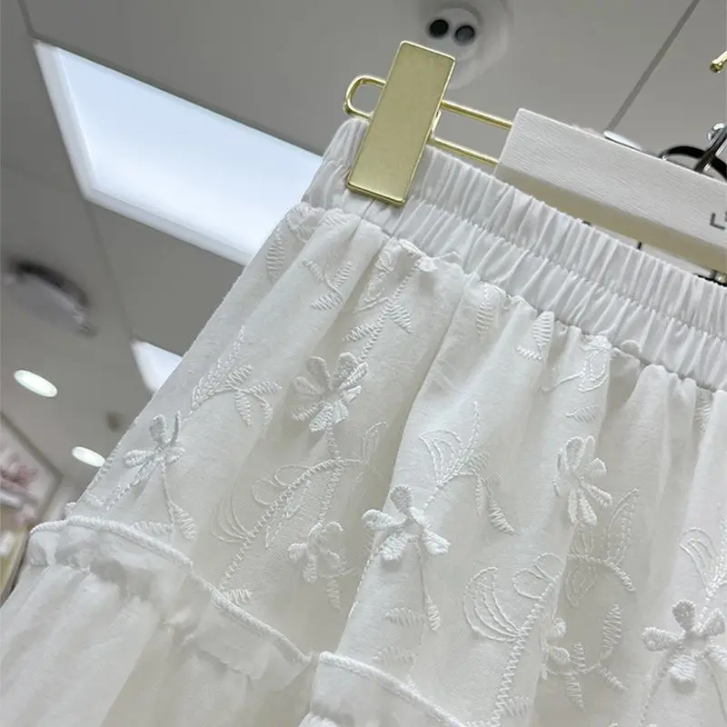 New Spring Summer for Women Elegant Fashion A Line Midi Skirt Solid Embroidered Layer Cake Half Skirt High Waist Long Skirt