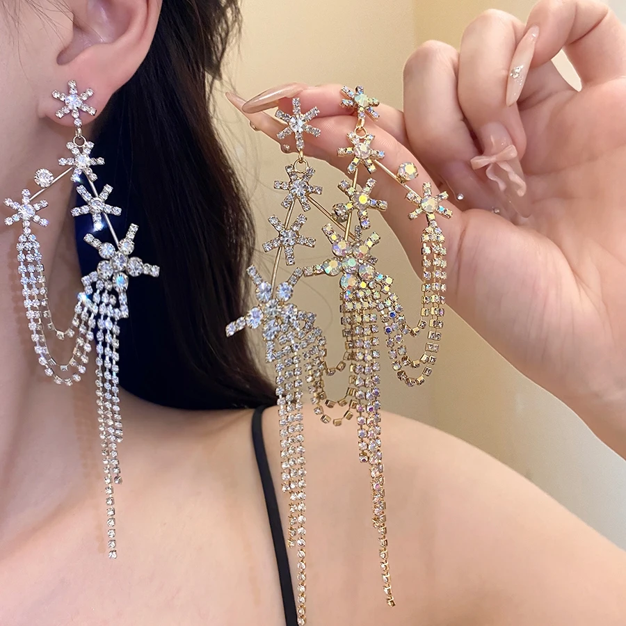 Gold-color And Silver-color Plated Rhinestone Starburst Tassel Drop Earrings For Women Luxury Party Jewelry