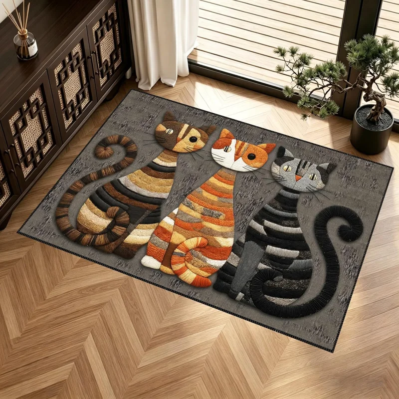 VIKAMA Boho Patchwork Stitch Cat Graphic Large Rug Non Slip Stain Resistant Floor Mat Living Room Office Tea Room Decor