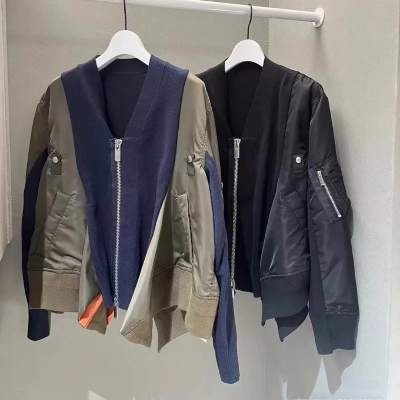 SAC woolen stitching contrasting hooded sweater loose casual jacket