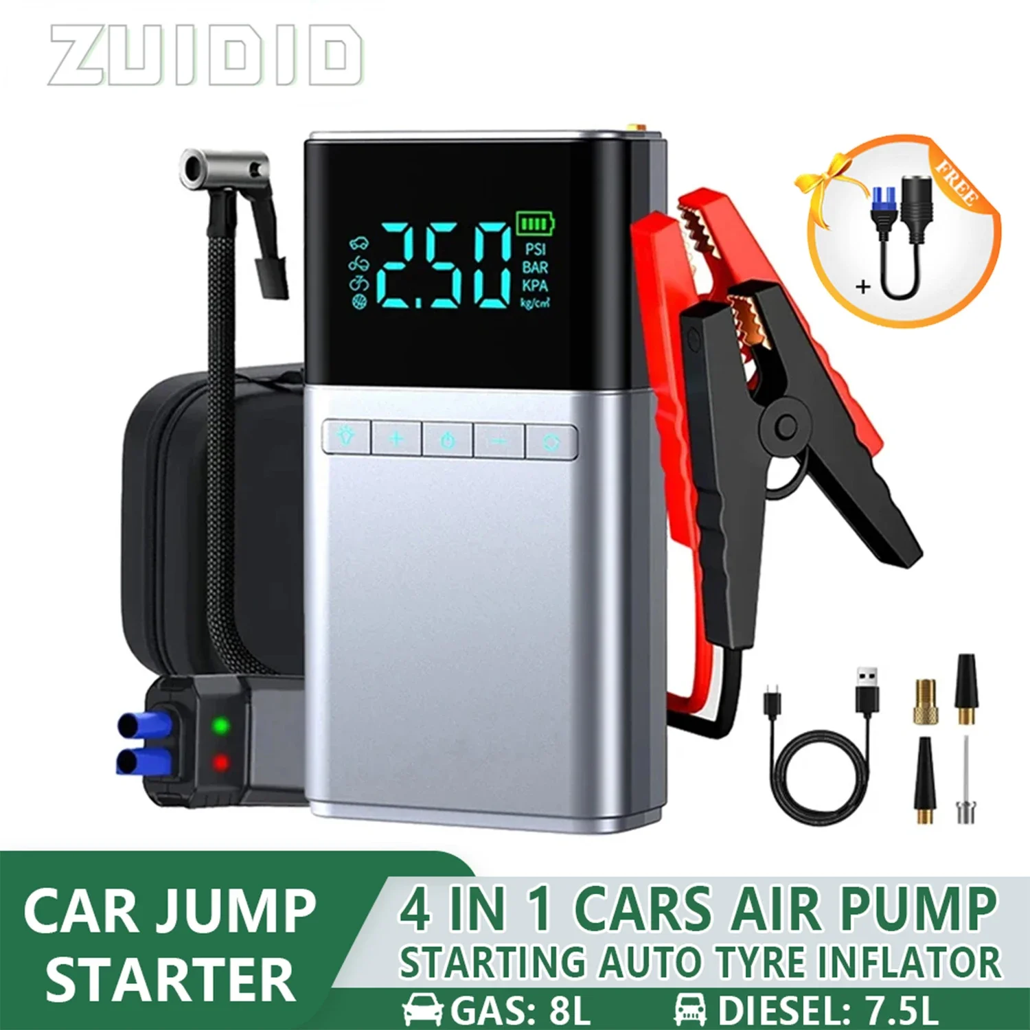 

Car Jump Starter Device Emergency Air Pump 4 in 1 Portable Air Compressor Power Bank Car Battery Booster 1200A New Tyre Inflator