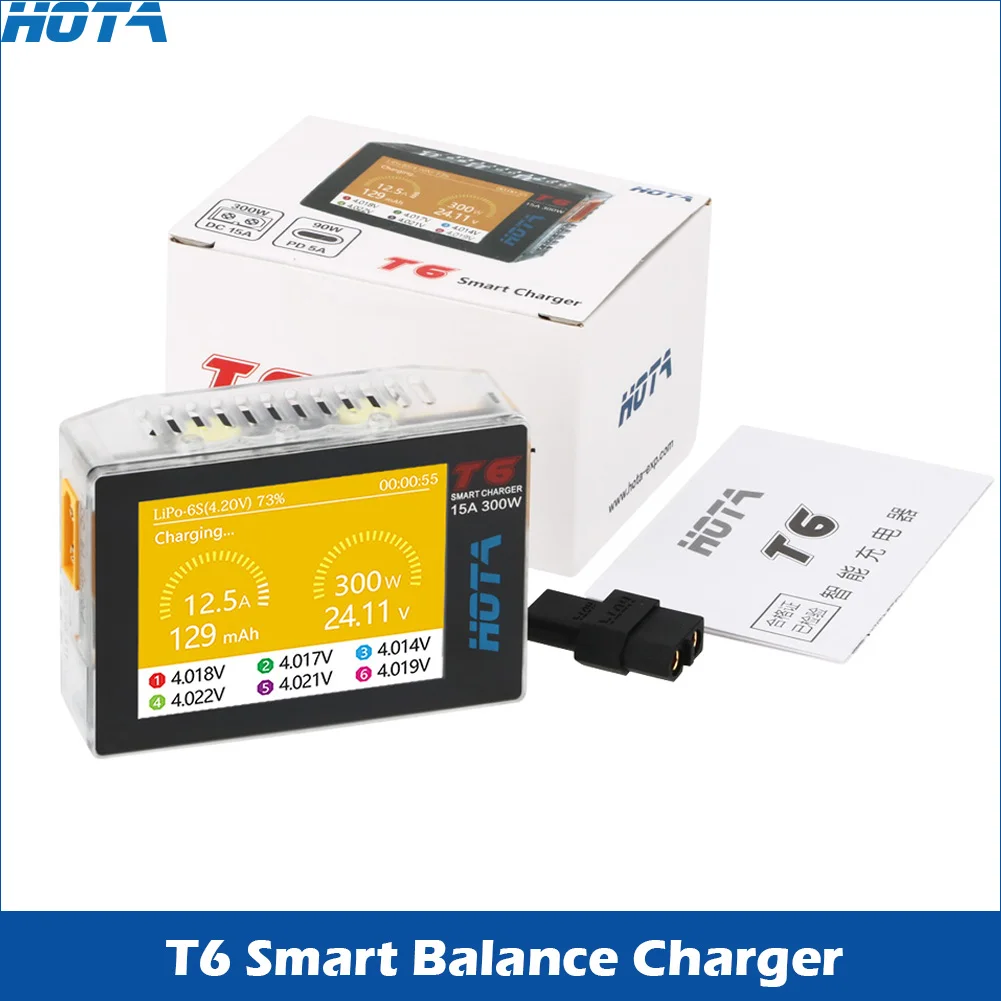 HOTA T6 Smart Charger DC/PD Dual Input 300W 2.4IPS Supports XT60 and TYPE-C Interfaces Compatible PD3.0 FPV RC Battery Charger